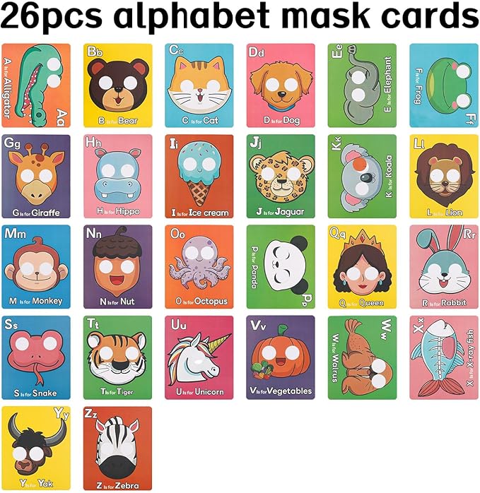 26pcs Alphabet Flash Cards, Giant ABC Mask Cards for Toddlers 1-3 with Animal Faces Uppercase & Lowercase Letter Flashcard Interactive Education Learning Games for Kids Preschool Kindergarten Baby