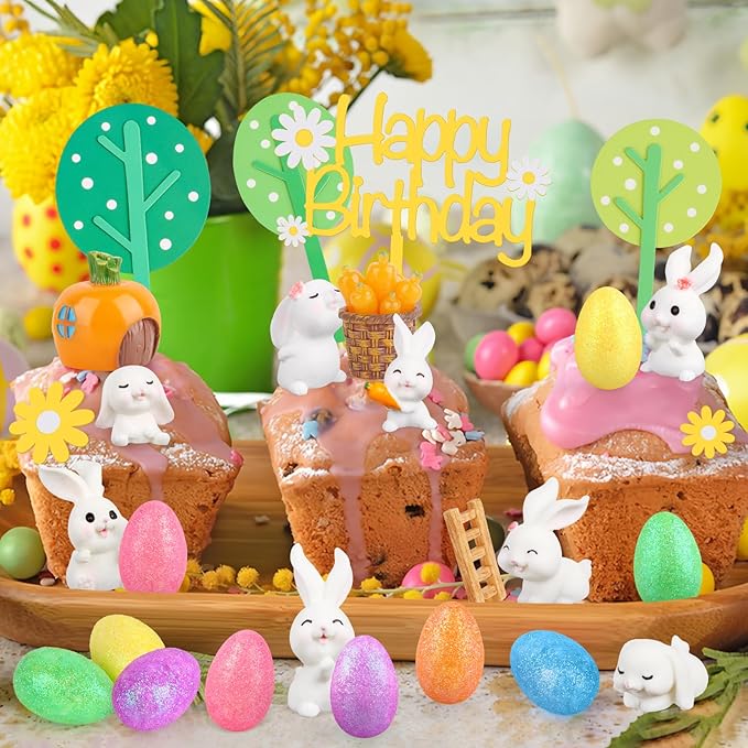 Hooqict 29Pcs Easter Cake Decorations Set with Mini Rabbits, Easter Eggs, Carrots, Happy Birthday Bunny Cake Topper & Cupcake Topper for Kids Bunny Birthday Decorations Rabbit Themed Party Supplies