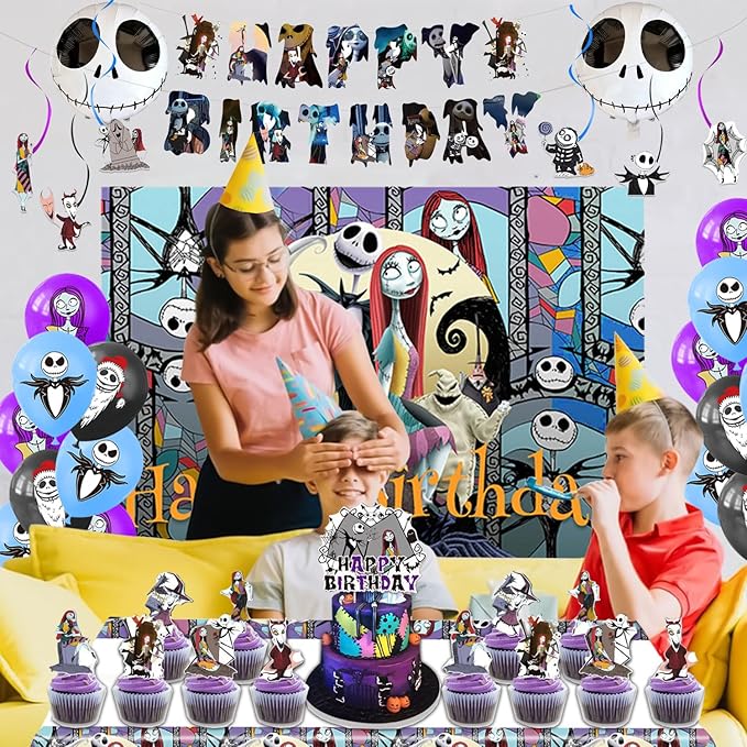 Birthday Decorations, Nightmare Christmas Party Supplies Halloween Birthday Party Decorations Set Includes Banner Balloons Tablecloth Backdrop Hanging Swirls Cake Toppers