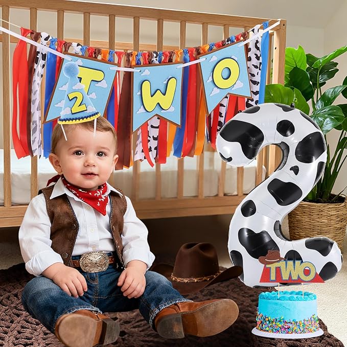 Cartoon Toy Highchair Banner for 2nd Birthday Party Decorations Two Infinity and Beyond High Chair Tassel Banner for Boys 2 Years Old Western Cowboy 2 Birthday Photo Props Backdrop Decorations