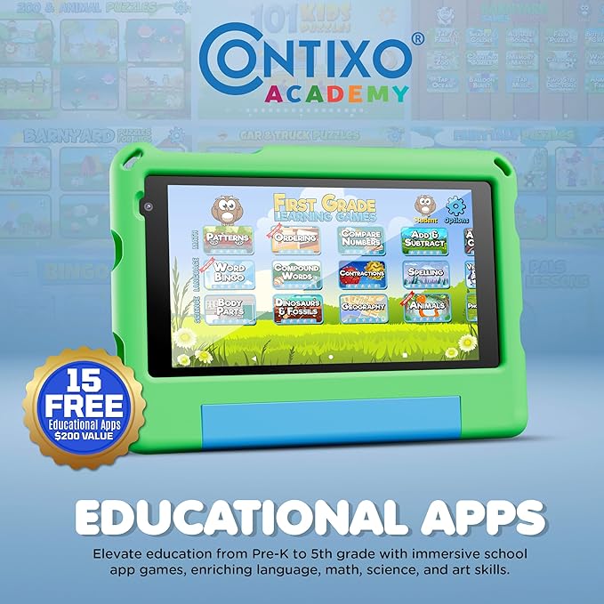 Contixo A7 Kids Tablet with 14 Apps, Lingokids & Epic, 7" HD Screen, Android 15, Parental Controls, WiFi, 3+32GB Storage, al Tablet for Kids Ages 3-12, Boys & Girls Gift, Green