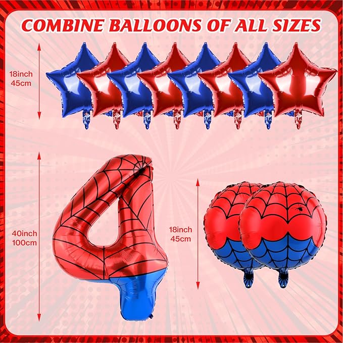 40 Inch Spider Theme Number Balloon, Number Block Foil Number 4 Balloons Large Big Numbers Helium Balloon for Girls Boys 4th Birthday Theme Party Decorations (Number 4)