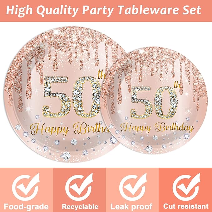 96 Pieces 50th Birthday Tableware Set for Pink Rose Gold 50th Birthday Table Decorations Supplies Pink Rose Gold Happy 50 Years Old Dessert Paper Plates Napkins Forks for 24 Guests Women Supplies
