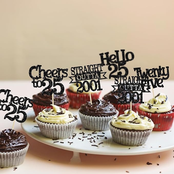 Ephlyn 24Pcs 25th Birthday Cupcake Toppers Glitter Straight Outta 2001 Cupcake Picks Hello 25 Cheers to 25 Years Cake Decorations for 25th Birthday Anniversary Party Decorations Supplies Black