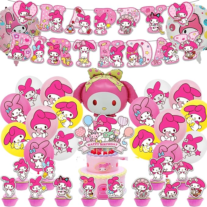 Melody Birthday Party Decorations, Kawaii Cartoon Party Supplies with Banner, Cupcake Cake Toppers and Foil Balloons Party Favors for Fans Birthday Background Decorations