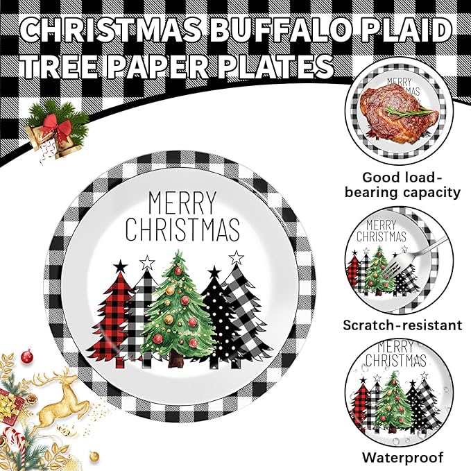 CHUNNIN 50Pcs Christmas Buffalo Plaid Tree Paper Plates 7 Inch Black White Table Decoration Merry Christmas Disposable Dinnerware Xmas Trees Tableware for Xmas Holiday Birthday Party Supplies