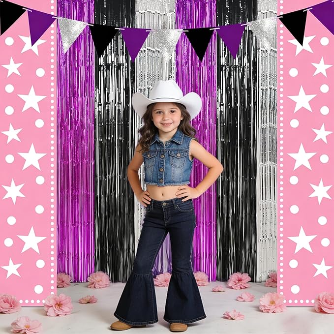 TONIFUL Black Silver Hot Pink Door Streamers,Black and Pink Photo Booth Backdrop Metallic Streamers Foil Fringe Curtain for Birthday,New Year,Graduation,Grad,Baby Shower Party Streamers Decoration