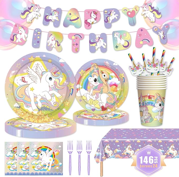 146Pcs Unicorn Plates and Napkins Party Supplies Includes Plates, Napkin, Fork, Cup, Straw, Tablecloth, Banner for Unicorn Baby Shower Birthday Party Decorations, Serves 24