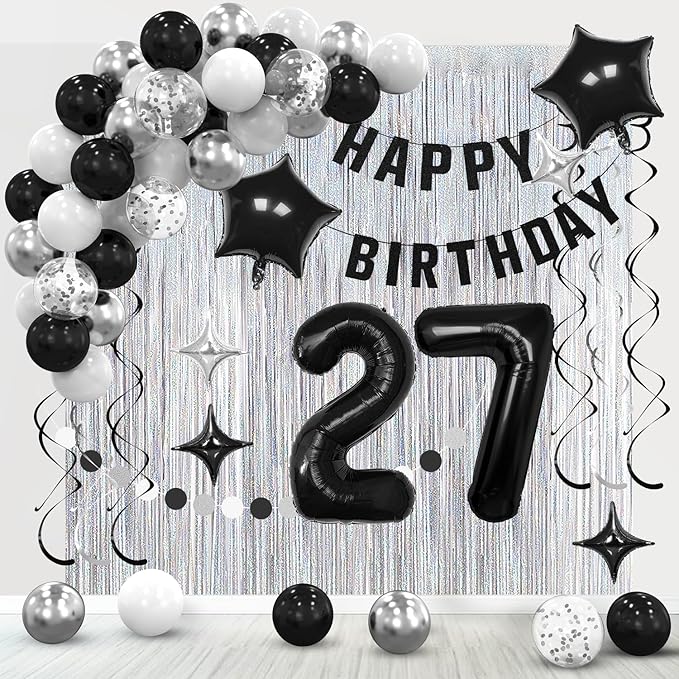27th Birthday Decorations for Boys Girls, Silvery and Black Happy 27th Birthday Banner,Number 27 Balloons Arch Kit for 27 year old Party Decorations