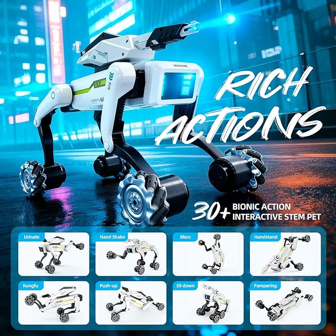 3 in 1 Robot Dog with Wheels Kit, 30+ Bionic Actions, Voice & Remote Control, Programmable Moves, All-Terrain Stunt Pet, Ideal Gift for Kids Aged 6+(Removable Claw & Cannon)