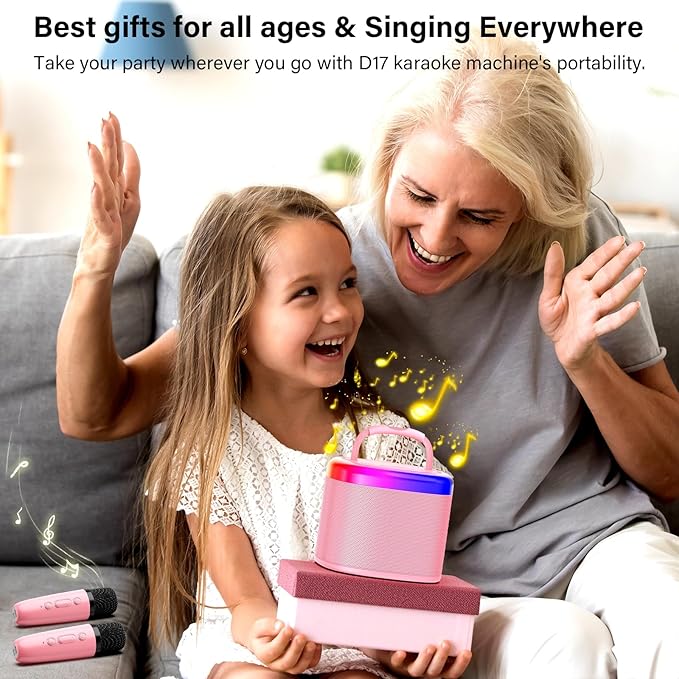 Karaoke Machine for Adults Kids, Mini Karaoke Machine with 2 Wireless Microphones, Portable Singing Speaker for Home Party, Kids Holiday Birthday Gifts, Music for Girls Boys All Age 3-12+