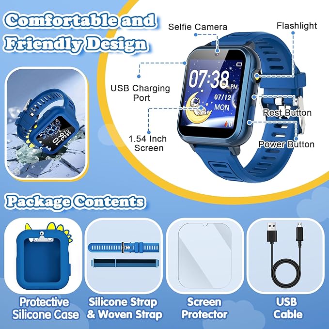 Kids Smart Watch Boys Gift Age 3-12 with 39 Games Alarm Clock Camera Video Music Player Pedometer Flashlight 12/24 hr HD Touch Screen Kids Watch Birthday Boys Gift Toys for 4 5 6 7 8 9 10 Years Olds