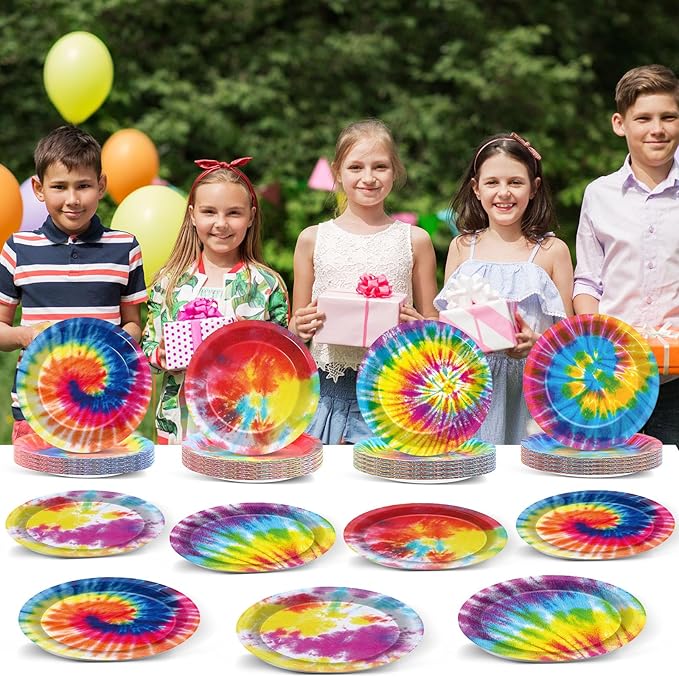 72PCS Tie Dye Birthday Plates Tie Dye Party Decorations Colorful Tableware Rainbow Plates Disposable Paper Plate Dessert Plates for Boys Girls Kids New Year Holiday Favors 6.7 * 6.7inch