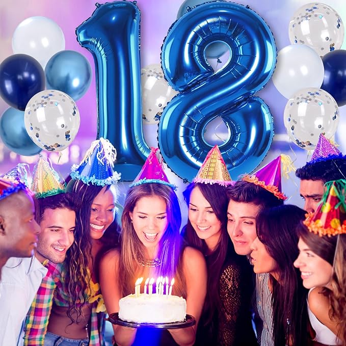 Navy Blue 18 Balloons, 40 Inch Dark Blue Foil Number 18 Balloon Set, XXL Self Inflating 18 Helium Balloon with Metallic Blue Silver Confetti Balloon for Men 18th Birthday Anniversary Party Decorations