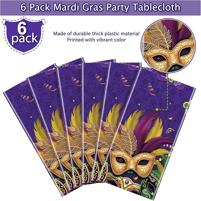 6 Pack Mardi Gras Tablecloth, Masquerade Dancing Table Decorations, Plastic Purple Table Cover Backdrop for Mardi Gras Carnival Party Supplies and Decors, 54 x 108 Inch