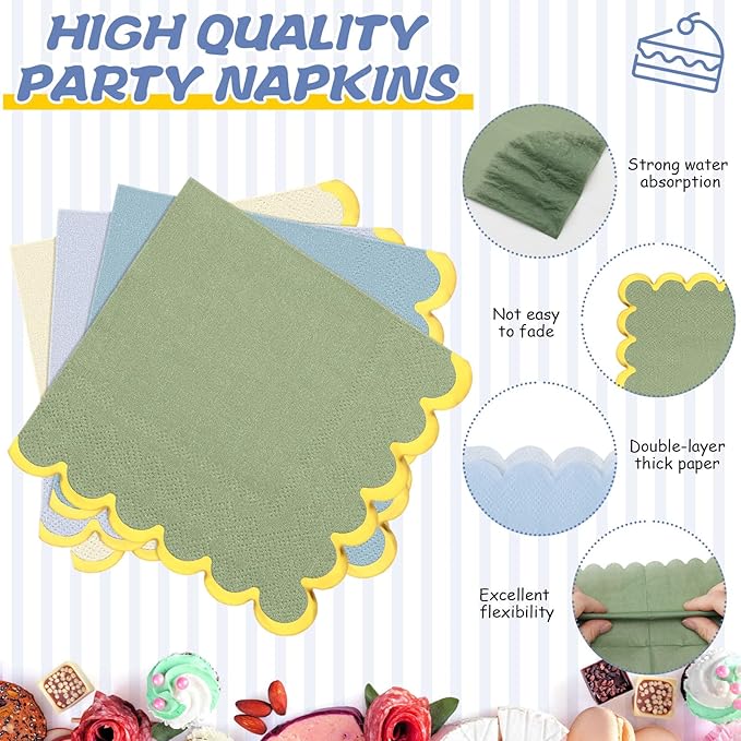 96 Pcs Dusty Blue Sage Green Gold Plates Party Supplies Severs, Guests Disposable Party Decorations, 7'' and 9'' Scalloped Paper Plates, Cocktail Napkins Plastic Forks for Birthday Wedding