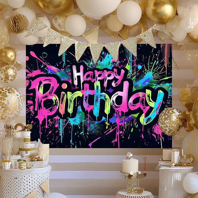 Neon Happy Birthday Banner 84x60 Inch Photography Backdrops Party Background Decorations Colorful Graffiti Splash Paint Kids Birthday Supplies Glow in The Dark