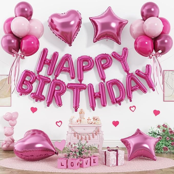 29PC Hot Pink Happy Birthday Balloon Banner, 16 Inch 3D Letter Banner Sign, Pink Hot Pink Metallic Balloons 18 Inch Star Heart Foil Balloons for Women, Girls Party Decorations