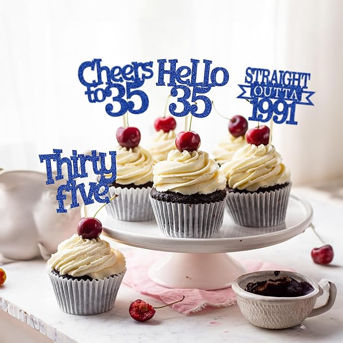 Ephlyn 24Pcs Happy 35th Birthday Cupcake Toppers Blue Thirty Five Cupcake Picks Hello 35 Cheers to 35 Years Birthday Cake Decorations for 35th Birthday Anniversary Party Decor Supplies