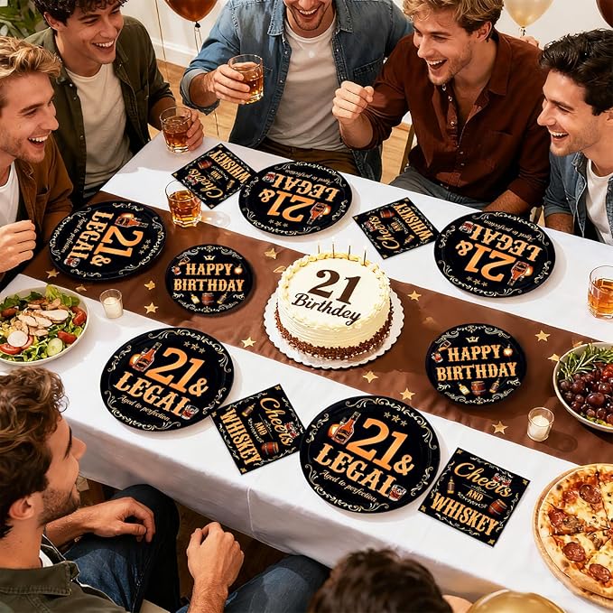 96Pcs 21 & Legal 21st Birthday Decorations Legal Whiskey Themed Birthday Party Plates Whiskey Aged To Perfection Tableware Set for Boys Men 21 Years Old Party Favors Serves 24