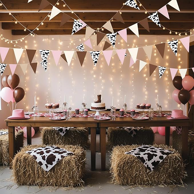 Pasimy 5 Pcs Cowgirl Party Decorations Western Cowgirl Triangle Flag Banner Pennant Pink Brown Cow Print Hanging Flag Banner for Girl First Birthday Farm Baby Shower Party Decorations
