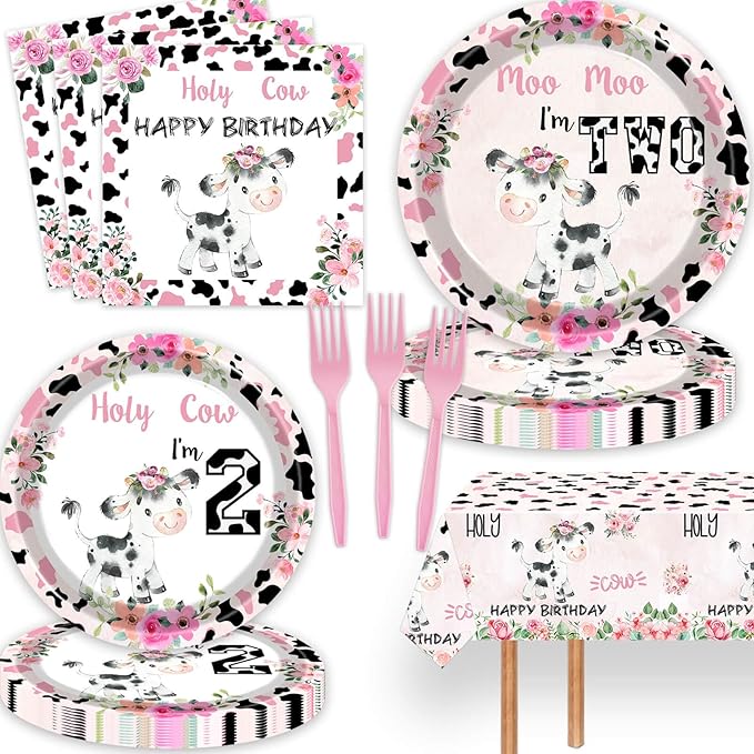 51 Pcs Holy Cow I'm Two Girls Birthday Party Supplies Moo Moo I'm Two Tablecloth Paper Plates Napkins Forks Dinnerware for Farm Animals Cow Theme Girls 2nd Birthday Party Supplies Decorations