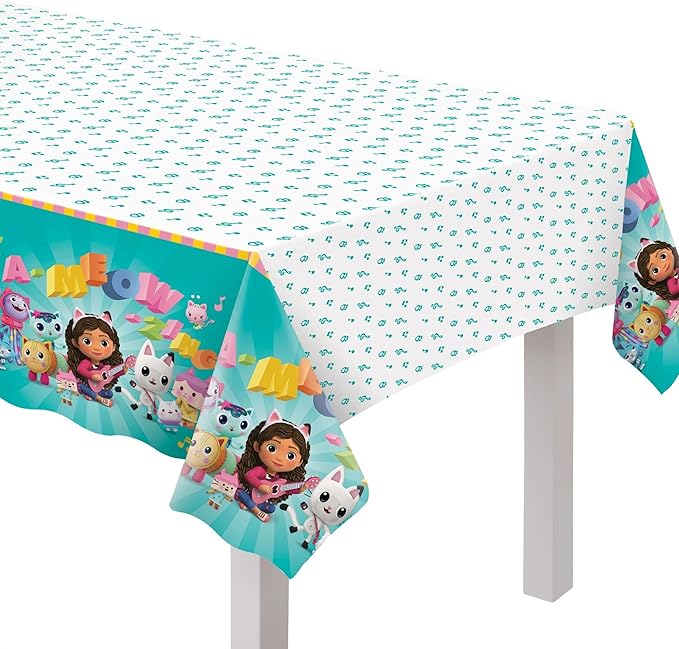 Gabbys Dollhouse Birthday Party Supplies Bundle includes 24 Lunch Paper Plates, 32 Paper Napkins, 2 Plastic Table Cover, 1 Dinosaur Sticker Sheet