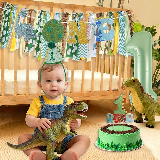 Dinosaur Highchair Banner for First Birthday Party Decorations Green Jungle Dinosaur Theme High Chair Tassel Banner for Boys Little Dino Roar 1st Birthday Fabric Banner Photo Props Backdrop Decorations
