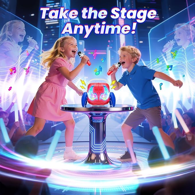 Karaoke Machine for Kids, Red & Blue Glowing Eyes & Rhythm Light, 5 Magic Voice, 2 Wireless Mini Microphone, Portable Bluetooth Speaker, Easter Basket Stuffers Boys Gifts Age 3 4 5 6 7 8 9 10 11 12