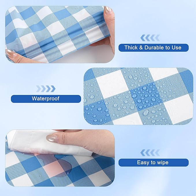Kochorie 54 Inch x 300 Ft Light Blue Checkered Plastic Table Cloth Roll Disposable Waterproof Table Cover Plastic Table Cover Roll with Easy Slide Cutter for Outdoor Picnic/Home Dining/Spring Party