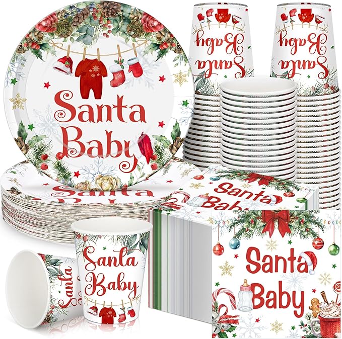 Hushee 200 Pcs Baby Shower Paper Plates Cups Napkins Party Supplies Tableware Set Disposable Cup Napkin for 50 Guest Party Decoration (Green and Red,Christmas Santa Baby)