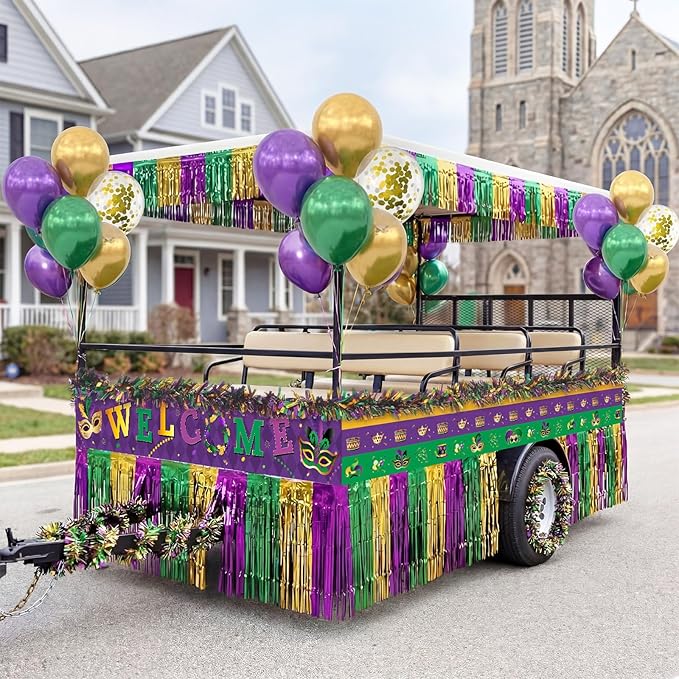 Capoda 128 Pcs Mardi Gras Wagon Float Decorations Kit - Parade Float Decor Wagon, Include Purple Gold Green Fringe Curtains, Banner, Balloons, Eyeglasses & Garland - Carnival Masquerade Party Supplies