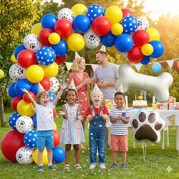 106Pcs Puppy Theme Birthday Decorations for Boys, Red Blue Yellow Balloon Garland Arch Kit with Dog Bone and Paw Print Foil Balloons for Kids Rescue Pet Animal Themed Baby Shower Party Supplies
