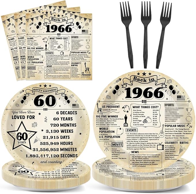 CHUNNIN 96Pcs 60th Birthday Plates and Napkins Back in 1966 Party Decorations Vintage 60 Year Old Party Dessert Plates 1966 Birthday Tableware for 24 Guests 60th Theme Men Woman Bday Parties Supplies