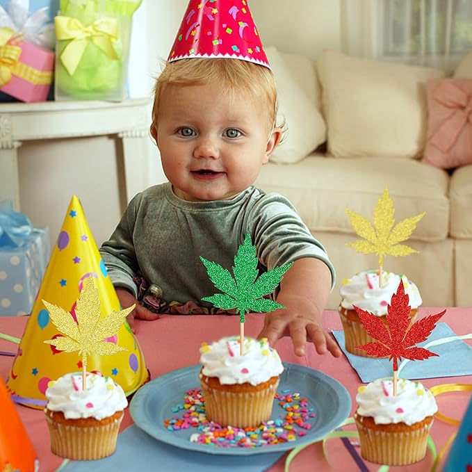 Ercadio 24 Pcs Green Red Glitter Marijuana Cupcake Topper Have a Dope Theme Decor Supplies Man Woman Happy Birthday Party Decorations Supplies