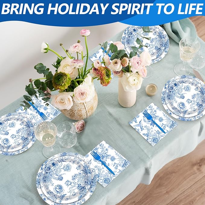 100 Pcs Blue and White Floral Tableware Party Supplies Set, Serves 25 – Disposable Elegant Flower Paper Plates, Napkins, and Plastic Forks for Wedding, Bridal Shower, Birthday, Garden Tea Decorations