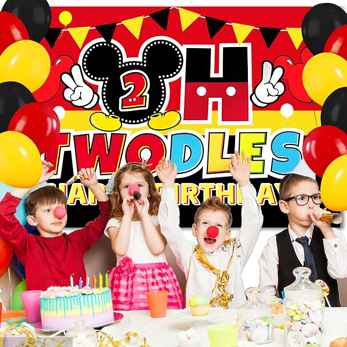 Cartoon 2nd Birthday Party Decorations – 5x3FT Backdrop Banner with 18 Black Red Yellow Balloons, Cute Mouse Theme Photo Props Background for “Oh Two” Party Celebration Supplies
