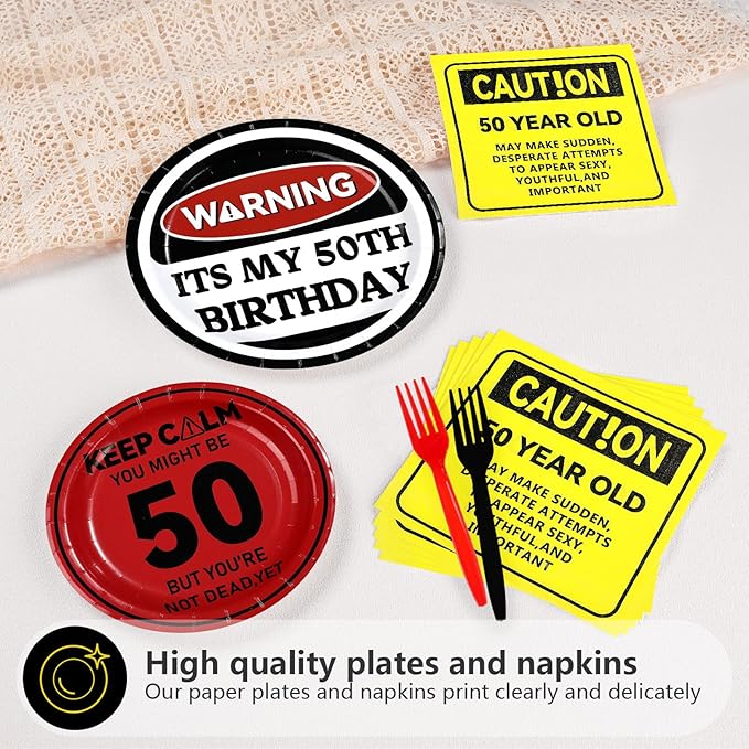 96Pcs 50th Birthday Decorations Caution Logos Wall 50th Birthday Plates and Napkins Over the Hill 50th Birthday Decoration for Him Men Women Funny You're 50 Years Old Birthday Party Supplies Serve 24