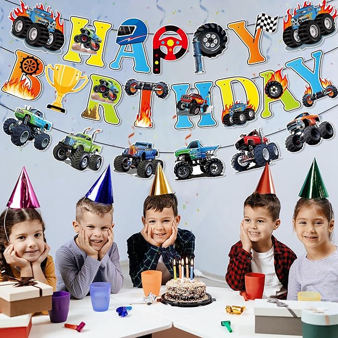 Zwiebeco Trucks Off-road Vehicles Happy Birthday Party Decoration Banner Hanging Paper Sign for Kids Adults Racing Themed Accessories Supplies
