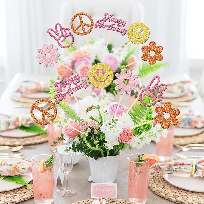 12 PCS Hippie Party Centerpiece Sticks 60s Retro Boho Dasiy Flower Sun Peace Sign Hand Table Flower Centerpieces Sticks for Hippie Theme Happy Birthday Party Centerpiece Decorations Supplies