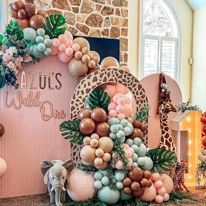 Sage Green Pink Balloons 12inch Dusty Green Pink Brown Balloon for Wild One Girls Birthday Safari Jungle Party Decorations Fog Green Beige Nude Blush Coffee Brown Latex Helium Balloon for Arch