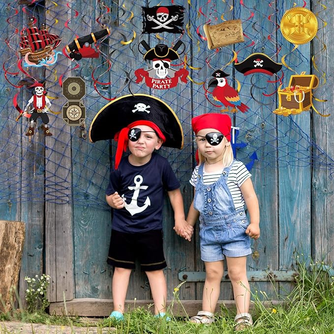 Censen 52 Pcs Pirate Party Hanging Swirls Decor Pirate Theme Ceiling Wall Spiral Streamer Pirate Captain Hat Skull Parrot Treasures Ceiling Hanging Swirl for Pirate Nautical Caribbean Birthday Party