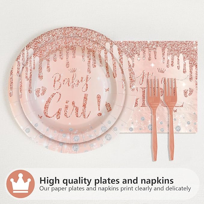 96Pcs It's a Girl Baby Shower Party Supplies Diamond Rose Gold Plates and Napkins Pink Gold Theme Disposable Paper Tableware Set for Girl Gender Reveal Baby Shower Party Decoration Serves 24