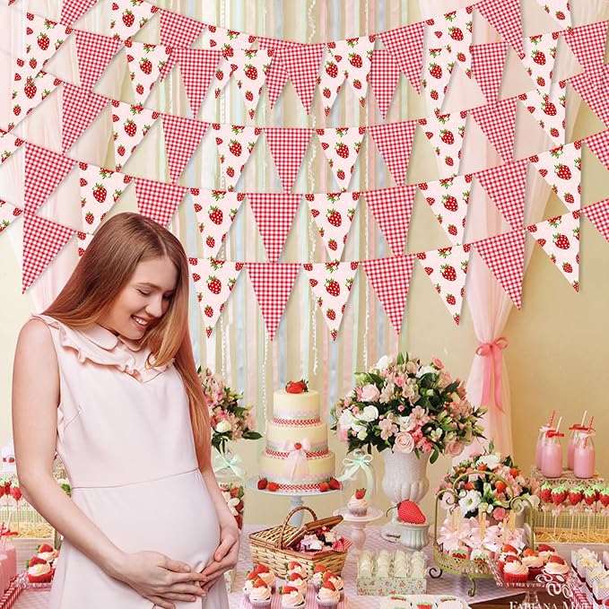 JOYMEMO 5 Pieces Strawberry Pennant Banners - Pre-Strung Strawberry Single Sided Paper Triangle Flag, Strawberry Party Decorations for Girls, Berry Themed Birthday Party Baby Shower Supplies