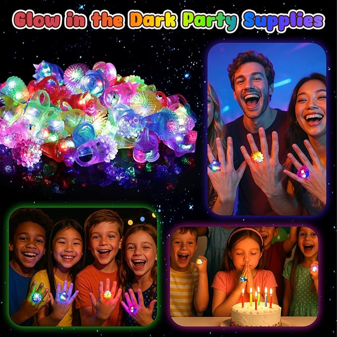 LovesTown 24PCS Light Up Rings Easter Party Favors for Kids, 6 Styles Glow in the Dark Party Supplies for Goodie Bags Easter Basket Stuffers Treasure Box Toys for Classroom Prizes, Flashing Glow Bulk