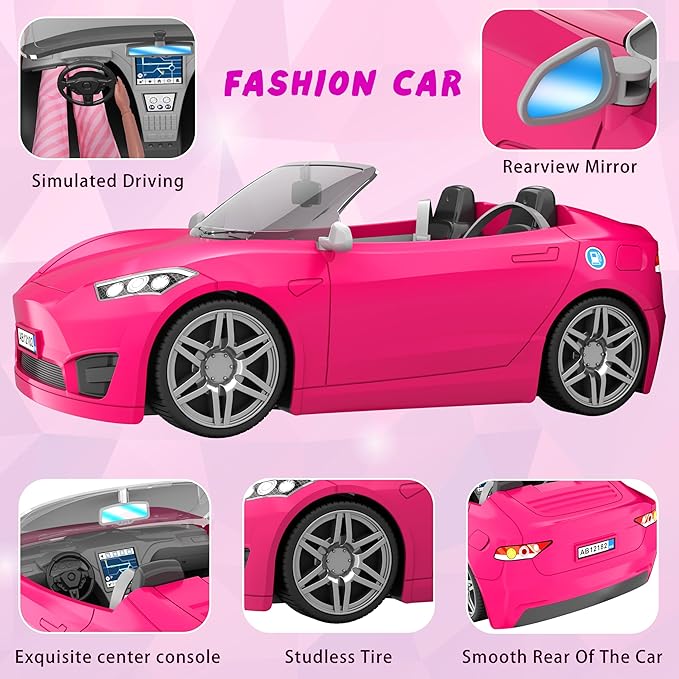 91 Pcs Doll Convertible Car Set, Doll Clothes and Accessories, Doll Playset Dress up Toys for Girls Kids Toddlers, Gift Toys for Age 3 4 5 6 7 8