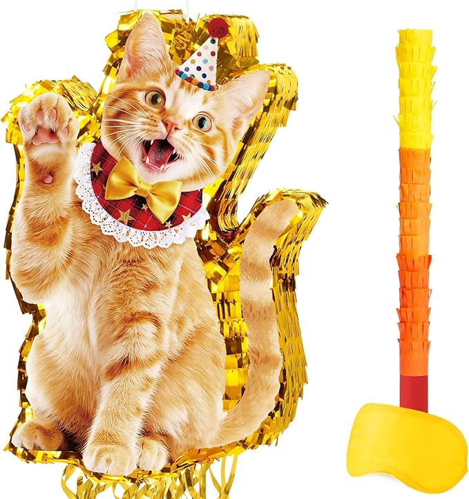WERNNSAI Cat Piñata - Orange Cat Birthday Decorations Pull String Piñata Bundle with Blindfold and Bat Cute Animal Party Game for Kids Girls Kitten Party Supplies