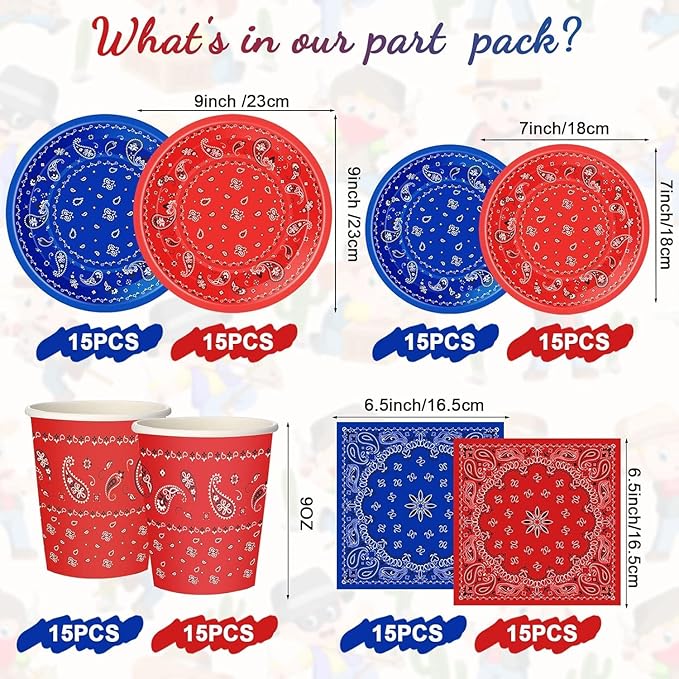 123 Pcs Western Cowboy Party Decorations, Wild West Birthday Decorations Tableware Set, Cups, Plates, Napkins, Banner & Tablecloth for Cowboy Themed Party Ideal for Bbqs, Baby Showers(Red, Blue)