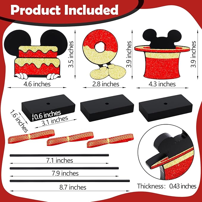 Red Gold Glitter Centerpieces for Mouse Theme Birthday Decorations,Wooden Signs Red Mouse Table Topper,Birthday Table Decorations for B-Day Party Decor and Party Favor(3 Pcs)