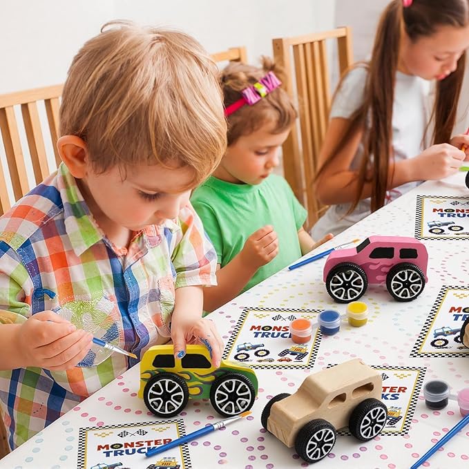 12 PCS Monster Truck Party Favors & DIY Craft Kit - Unfinished Wooden Truck Painting Set with Bubble Wands, Paints, Brushes & Cards - Birthday Party Favors for Kids, Boys & Girls, Classroom Rewards